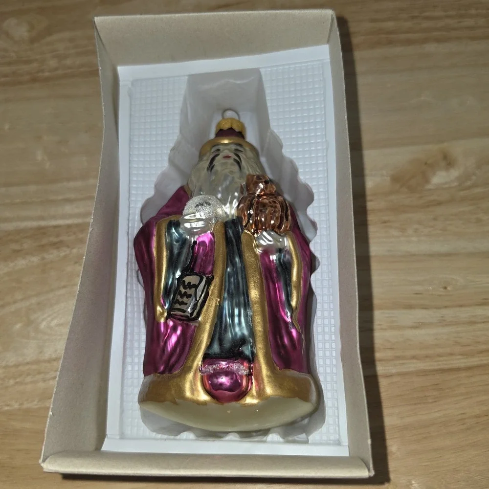 Blown Glass Confucius Santa Ornament: Purple and Gold Wizard Holiday Tree